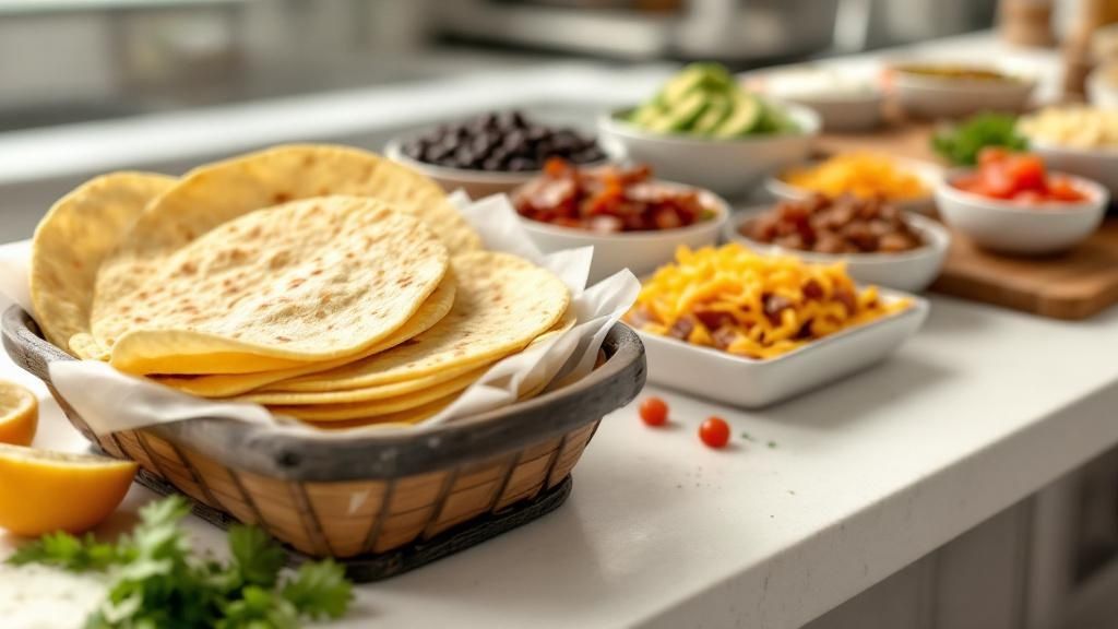 Basket of warm tortillas with fresh ingredients for a Breakfast Taco/Burrito Bar, featuring toppings like cheese, meats, and vegetables, set in a vibrant self-serve station.