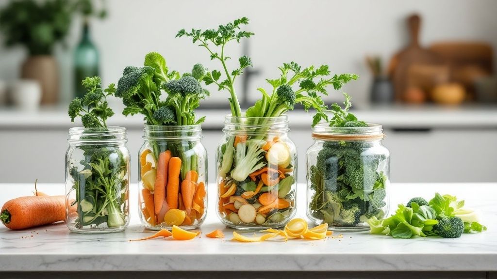 A chef preparing vegetables using a root-to-stem approach, with various scraps neatly organized for use.