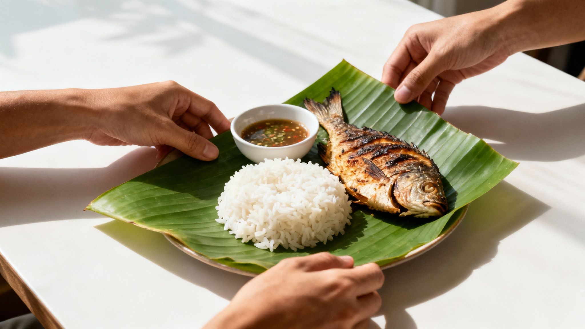 A communal Kamayan feast spread out on banana leaves.