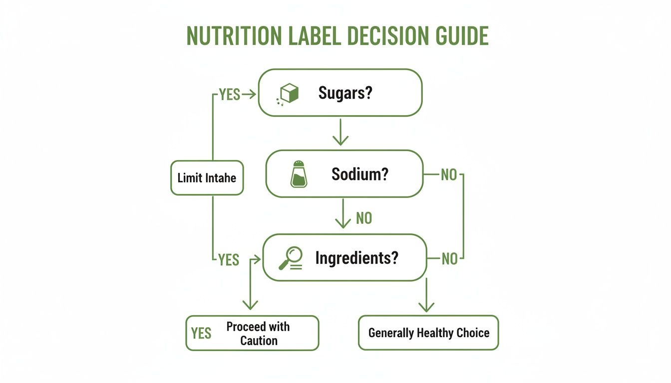 A flowchart guiding healthy food choices by evaluating sugars, sodium, and ingredients on nutrition labels.