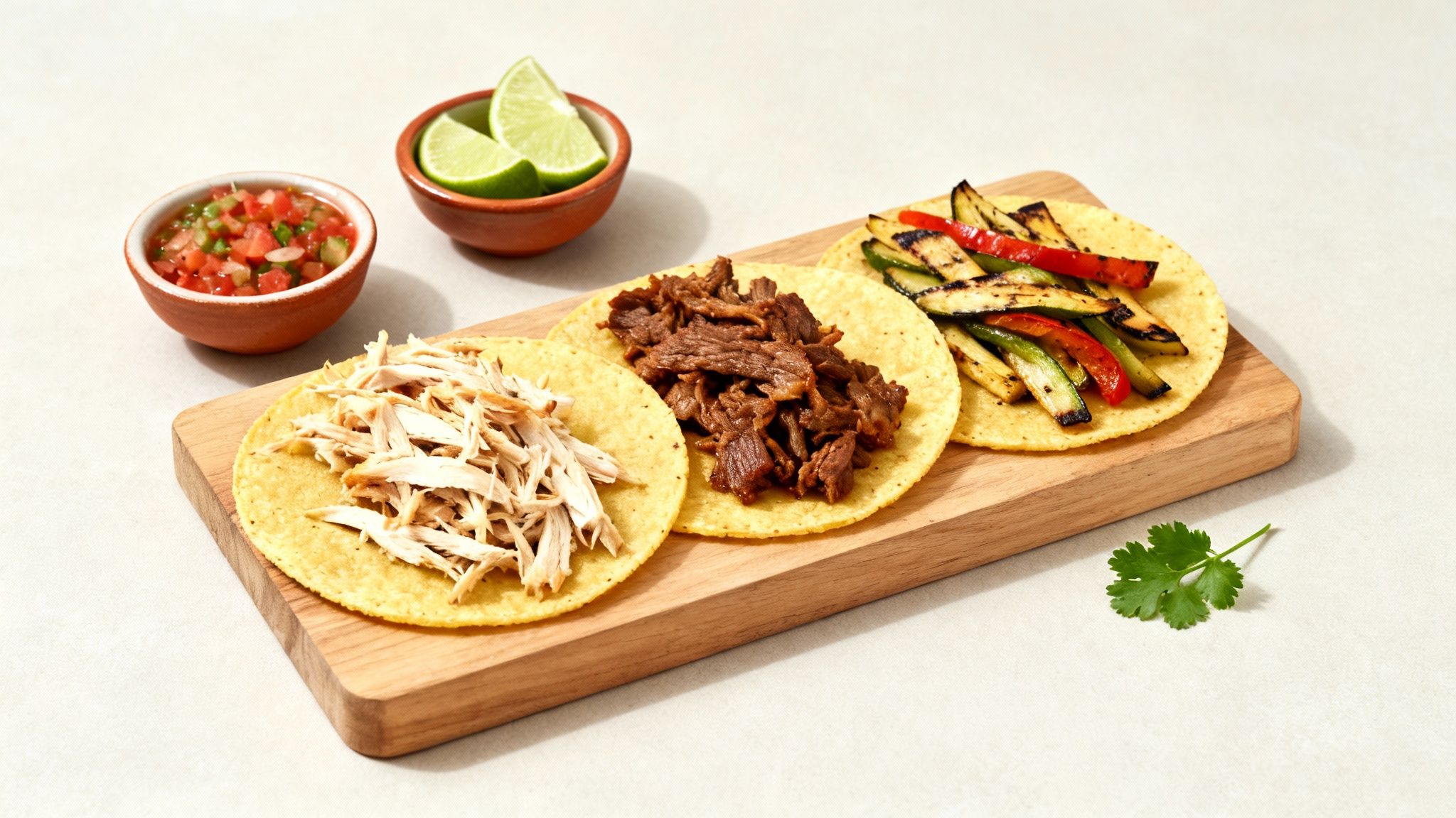 Three street tacos filled with chicken, beef, and grilled vegetables, accompanied by salsa and lime.