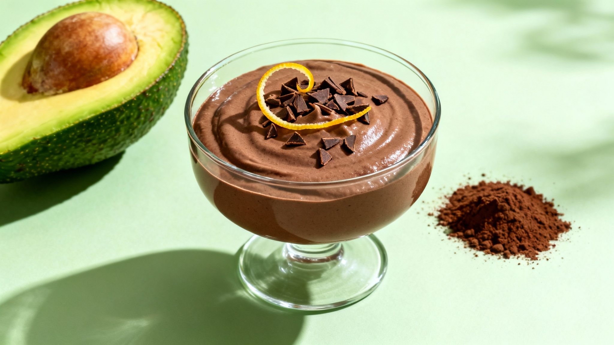 A glass of healthy chocolate avocado mousse with orange peel and chocolate pieces, next to a halved avocado and cocoa powder.