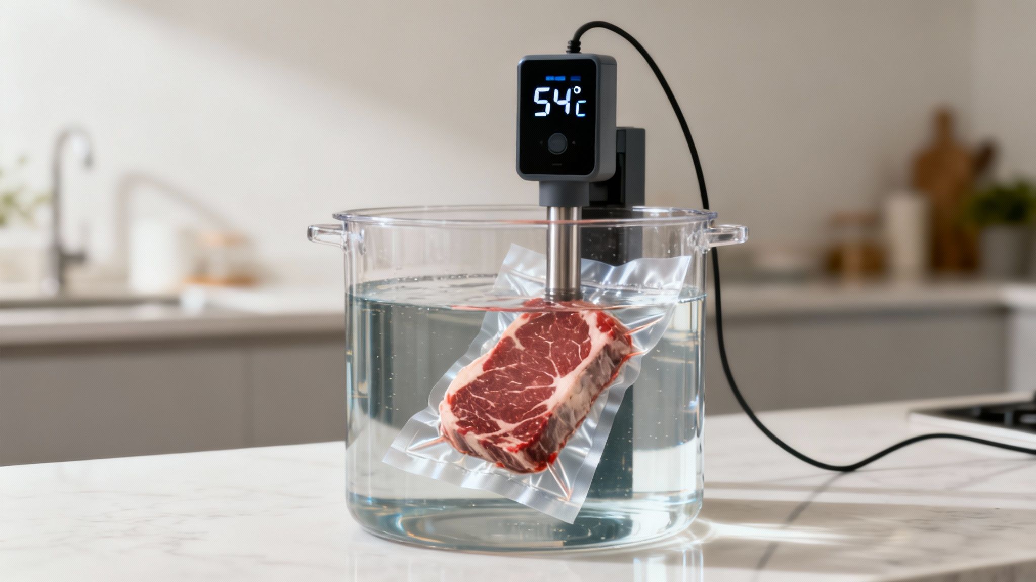 A perfectly cooked sous vide steak being sliced, showing its even pink color from edge to edge.