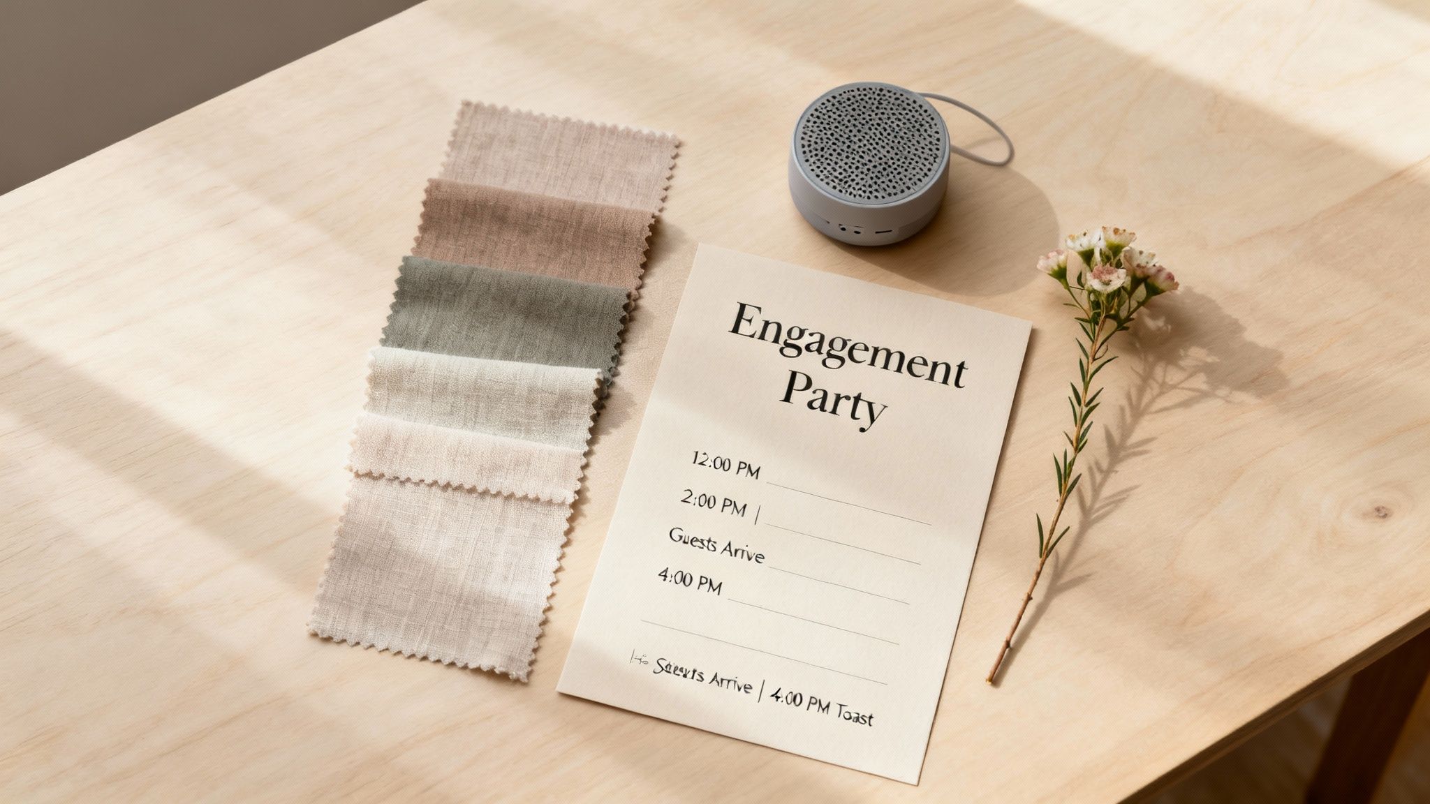 Flat lay of engagement party planning items: an invitation, fabric swatches, a speaker, and flowers.