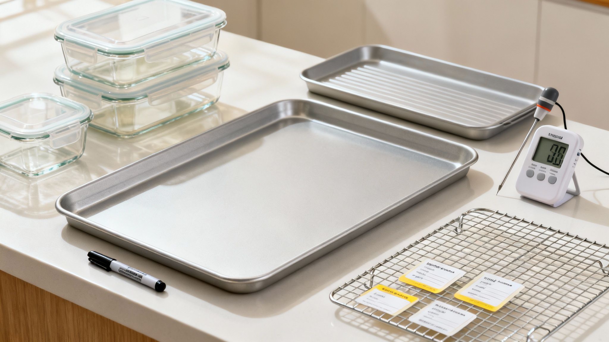 Batch cooking meal prep supplies with metal baking sheets, glass containers, thermometer and cooling rack