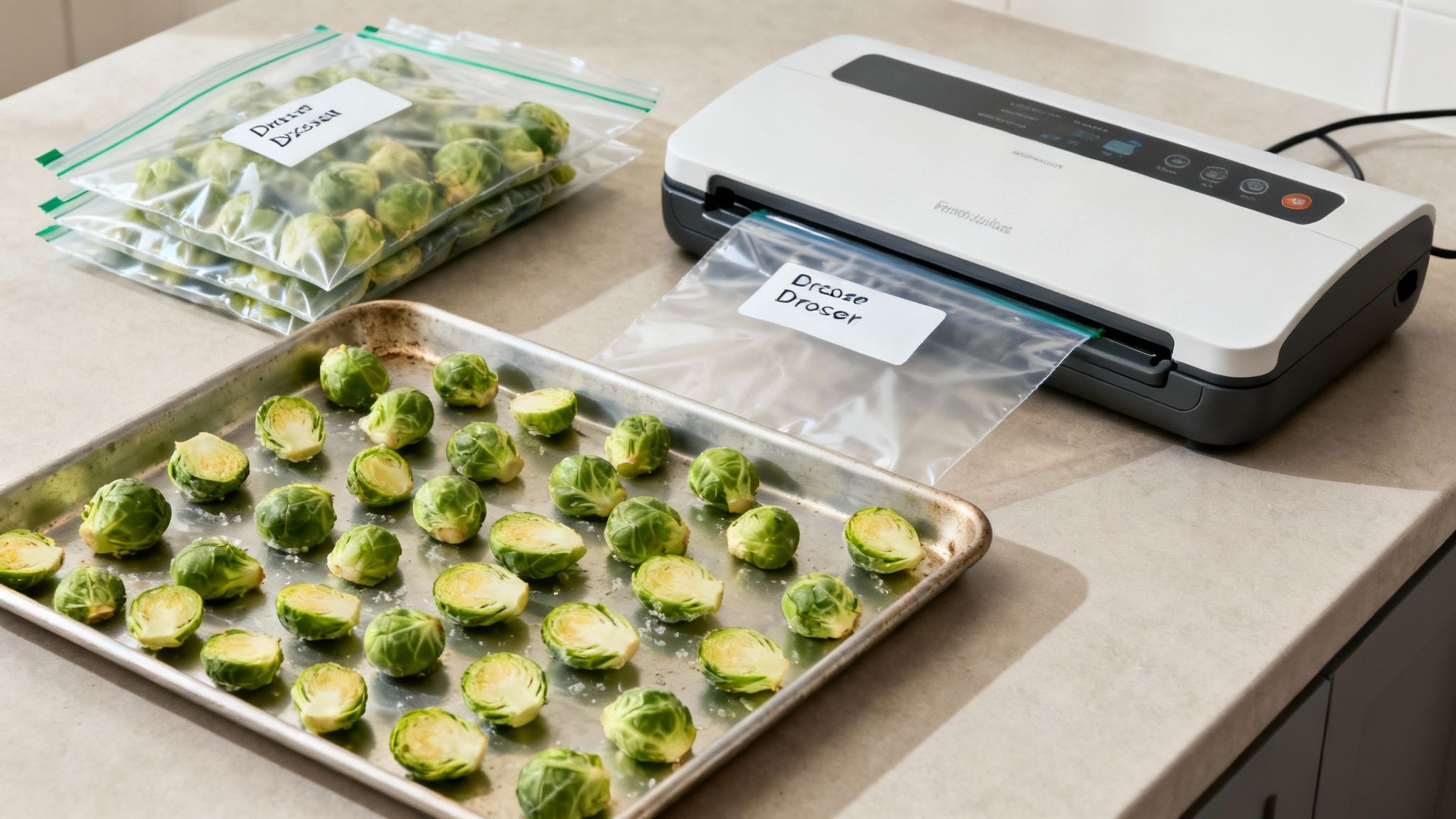 Brussels sprouts on a baking sheet and in plastic bags, with a vacuum sealer for preservation.