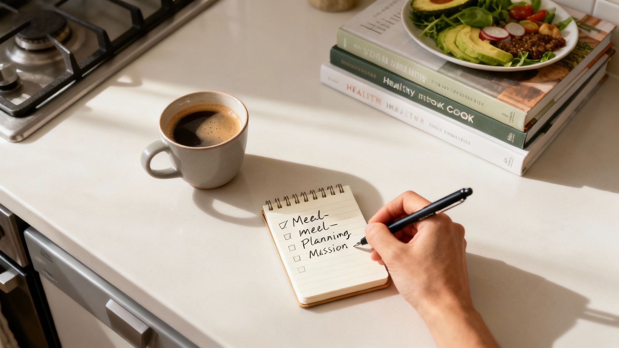 Woman in a kitchen looking thoughtfully at a grocery list and fresh vegetables.