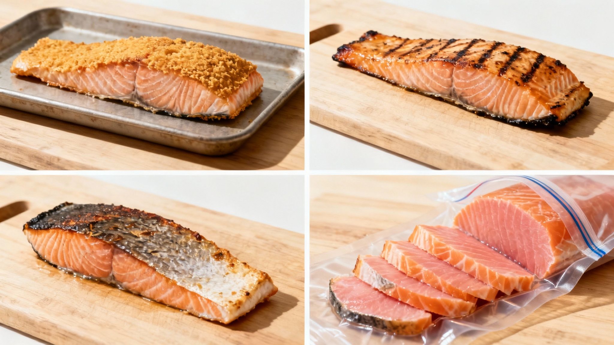 Four images showing different preparations of salmon: baked, grilled, pan-fried, and raw in a bag.