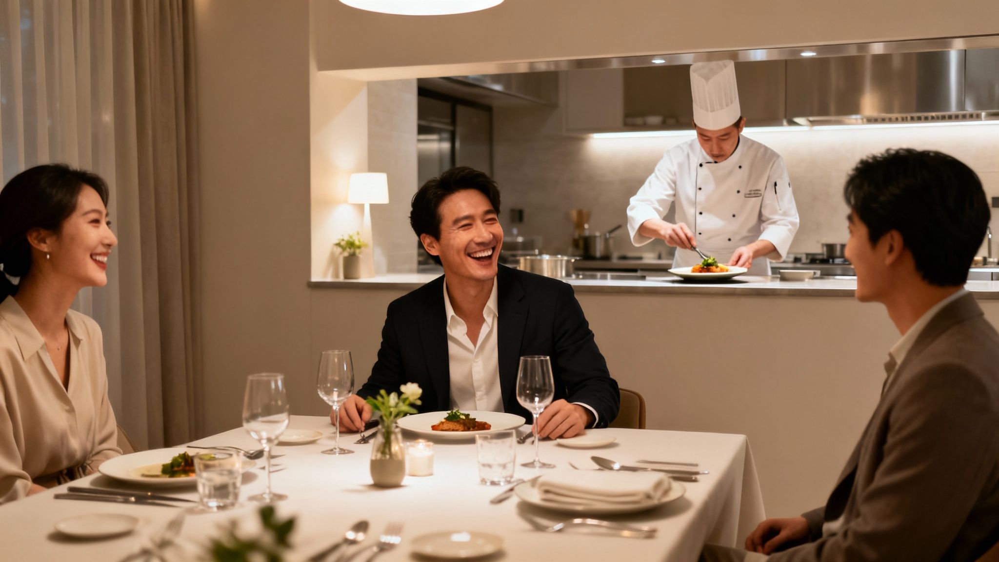 Three happy guests enjoying a private dinner party with a chef preparing food in the background.