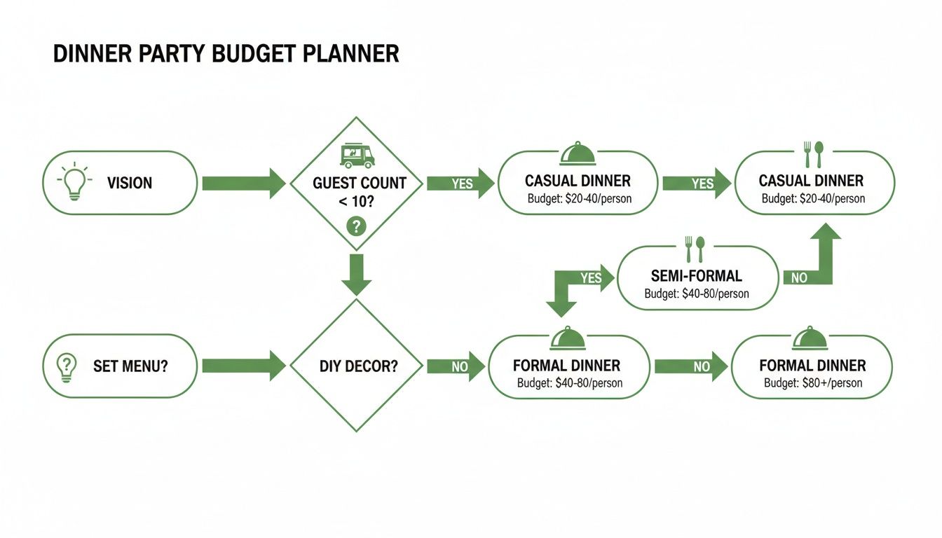 A flowchart for a dinner party budget planner, guiding choices based on guest count and menu type.