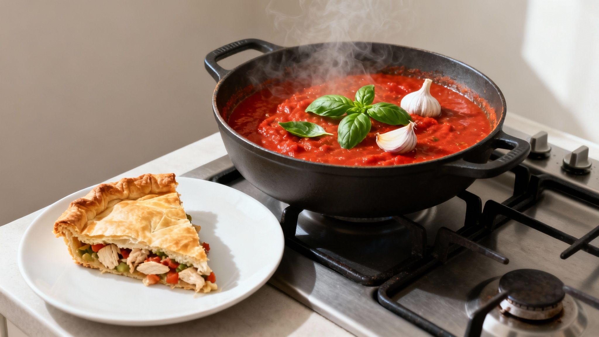 Steaming tomato sauce with basil and garlic on a stove, next to a slice of chicken pot pie.