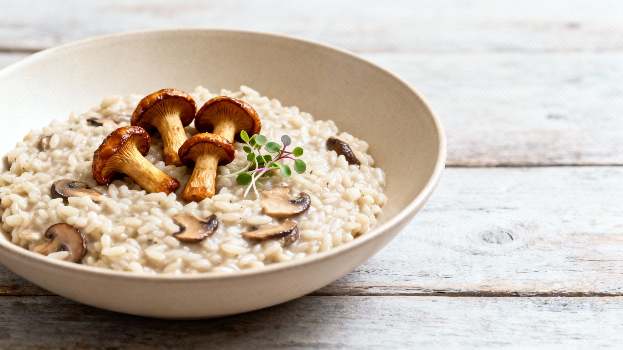 Creamy mushroom risotto in a beige bowl, garnished with whole chanterelle mushrooms and microgreens on a wooden table.