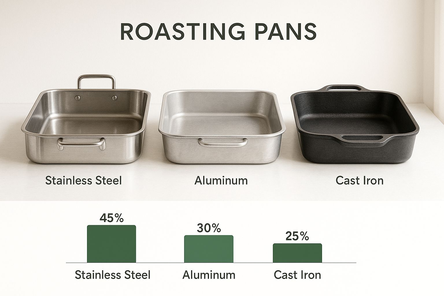 Roasting pans in stainless steel, aluminum, and cast iron with percentage comparisons for heat conductivity, highlighting material choices for optimal cooking.