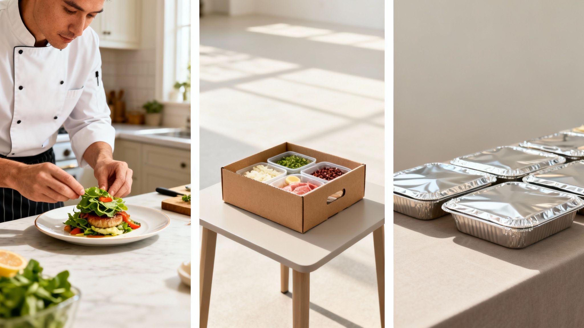 A chef plating a gourmet meal, a meal kit with pre-portioned ingredients, and ready food delivery containers.