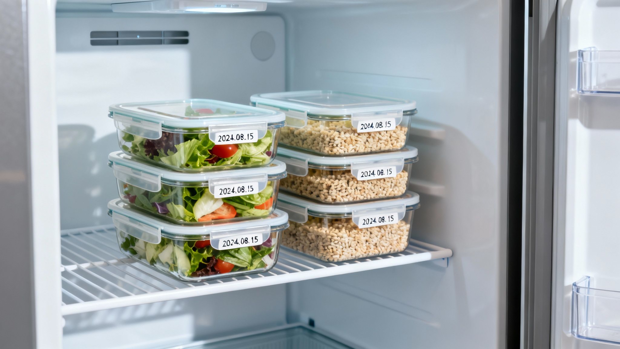Several labeled meal prep containers with salads and grains neatly stacked inside a clean refrigerator.