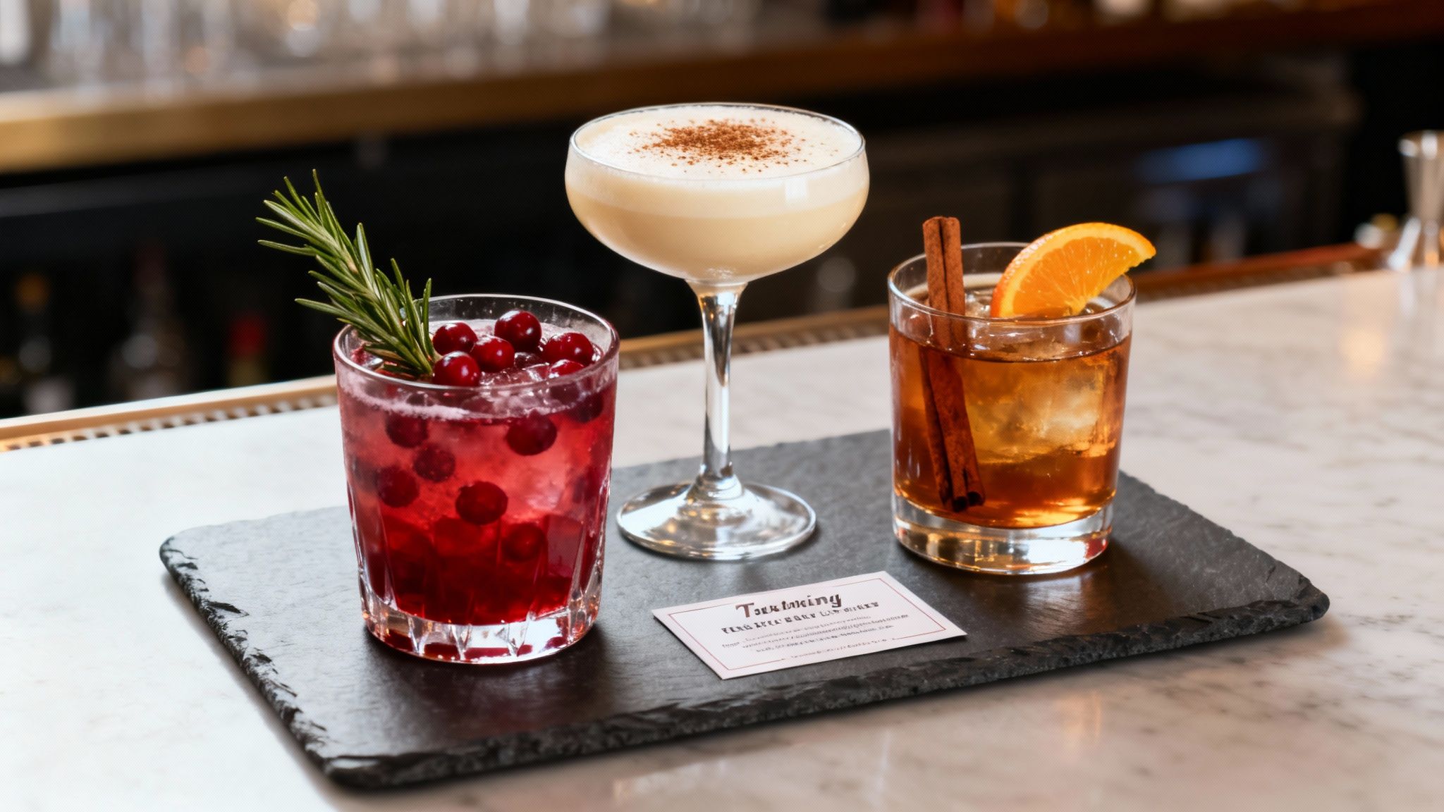 Three festive cocktails on a bar: cranberry and rosemary, creamy with cinnamon, and amber with orange.
