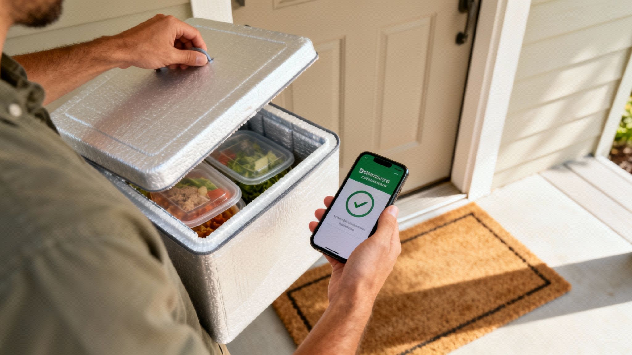 A person opens a meal delivery cooler at a doorstep, holding a smartphone confirming delivery.