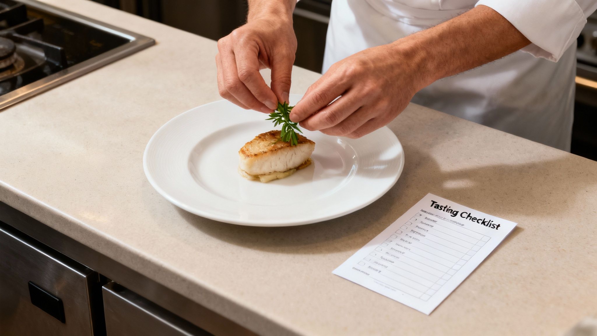 A chef carefully garnishes a dish in a modern home kitchen, with fresh ingredients laid out on the counter.