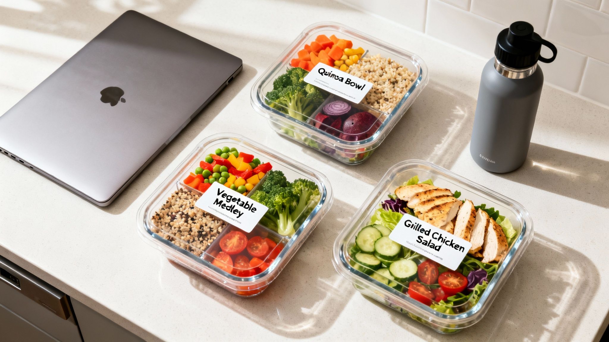 Three glass meal prep containers with healthy food, a laptop, and a water bottle on a counter.