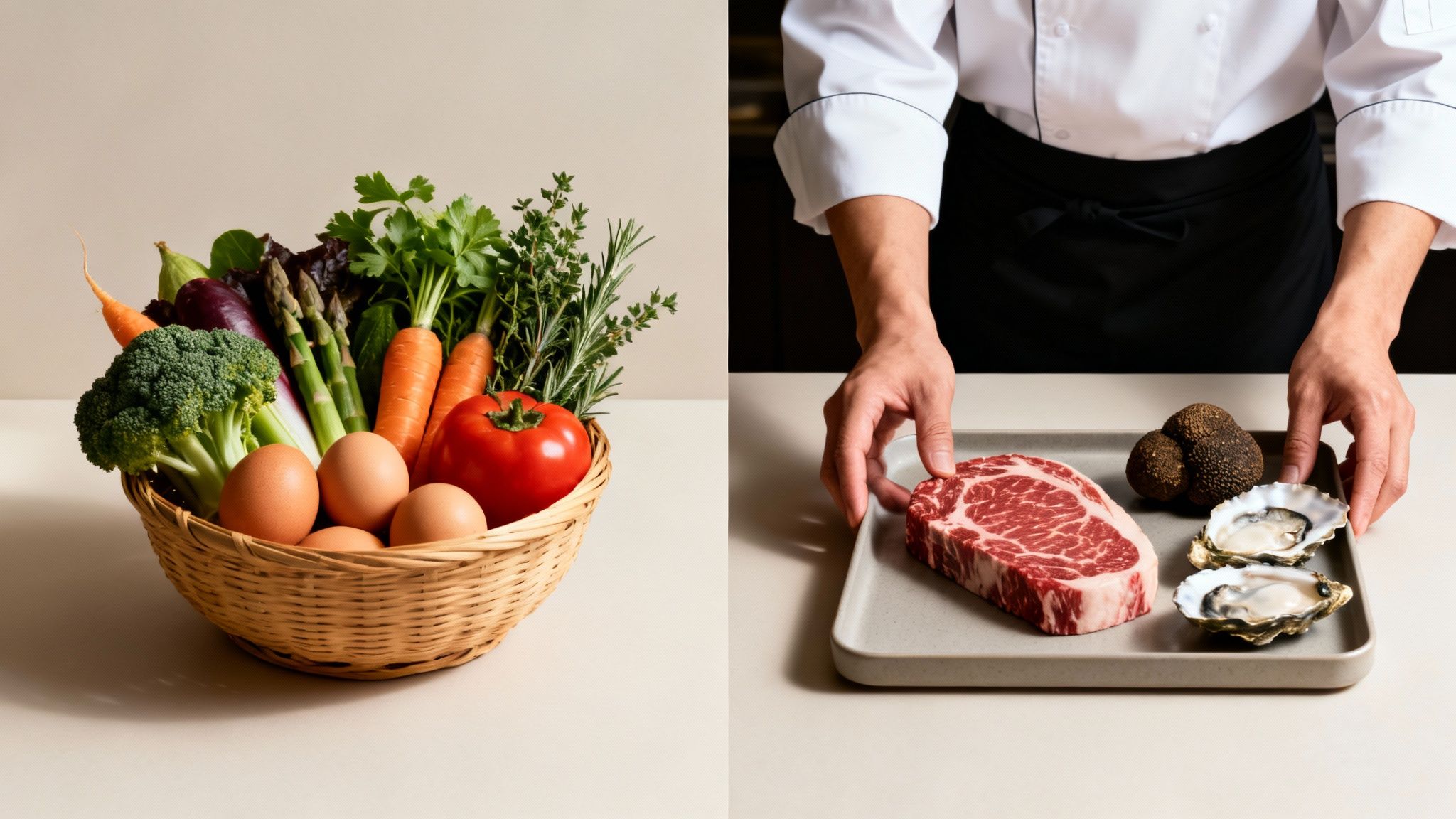 A chef presents premium ingredients like steak, truffles, and oysters, alongside a basket of fresh produce and eggs.
