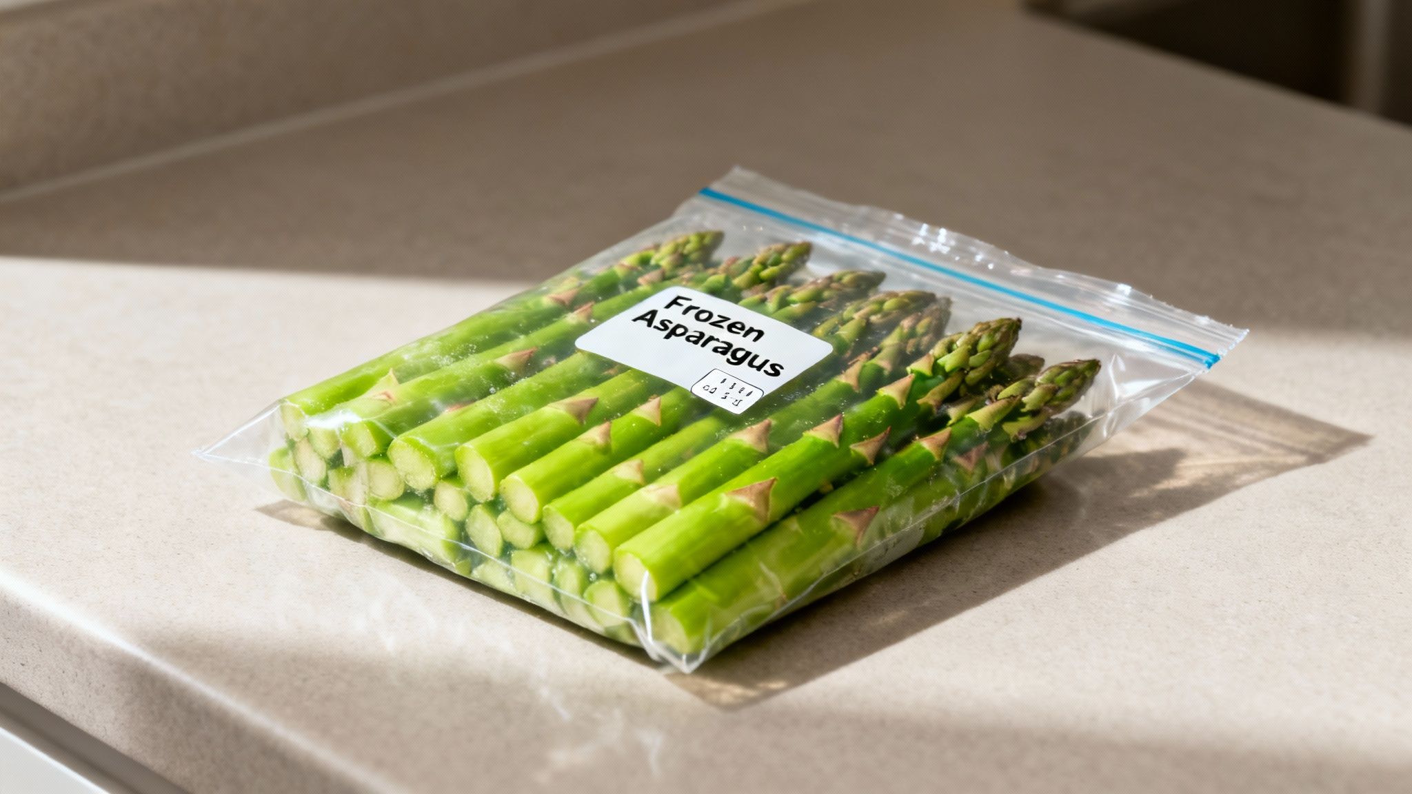 Fresh green asparagus spears bundled together on a wooden surface, ready for preparation.