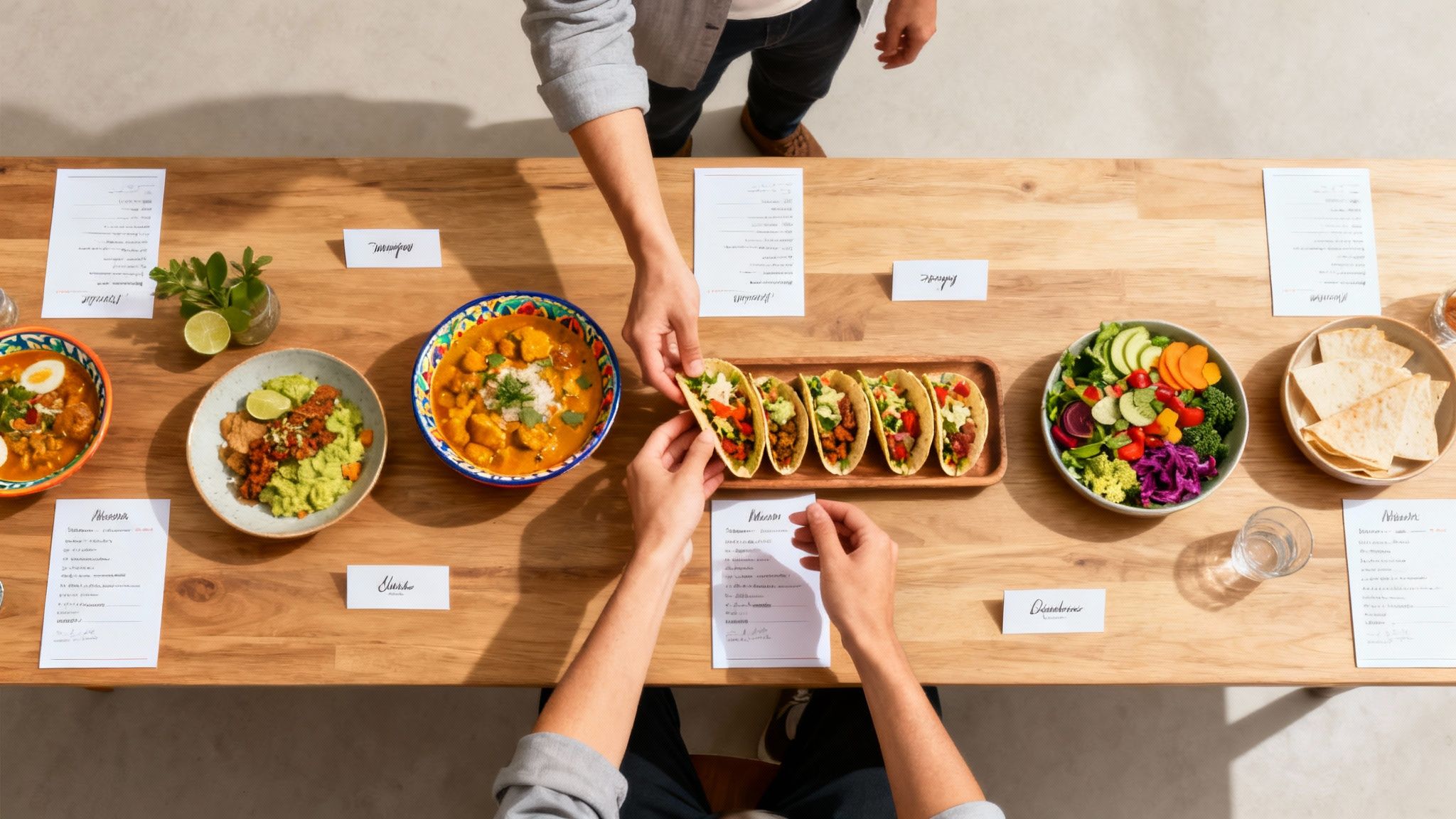 Overhead view of diverse lunch dishes with tacos, curry, salads and menus on wooden table
