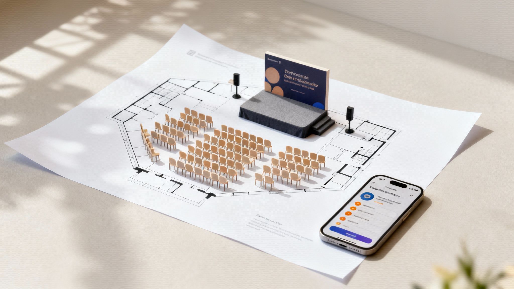 A detailed miniature model of an event hall layout with chairs, a stage, speakers, and a smartphone on a blueprint.