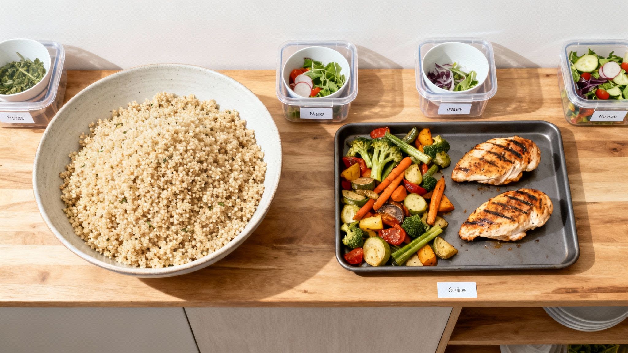 Meal prep station with grilled chicken, roasted vegetables, quinoa, and portioned salads in containers