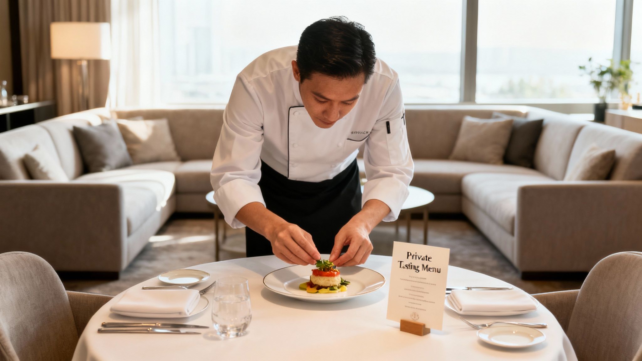 A chef carefully plates a gourmet dish for a private tasting menu in a luxurious setting.