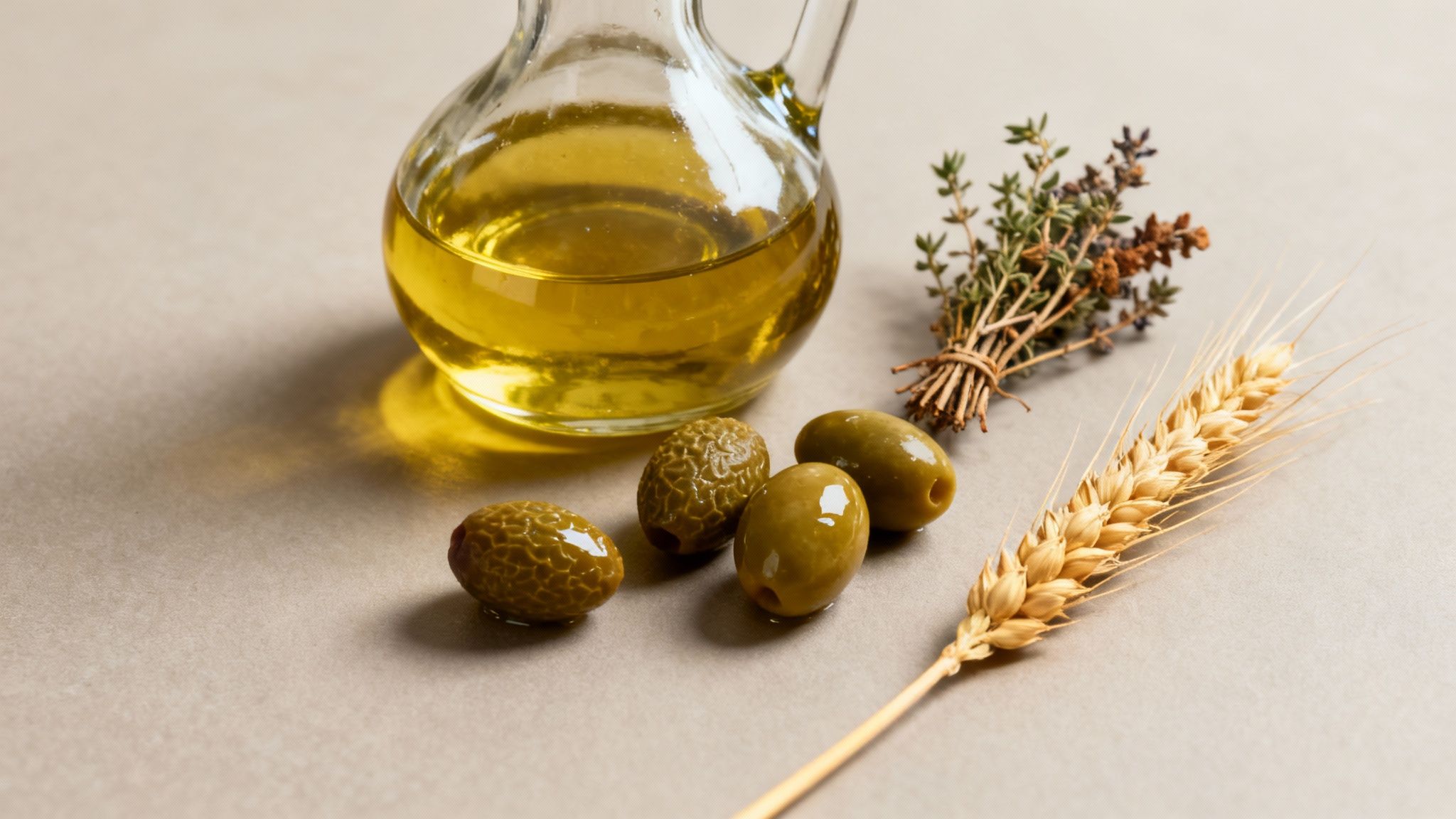 Fresh Greek ingredients like olives, tomatoes, herbs, and a bottle of olive oil arranged on a rustic surface.