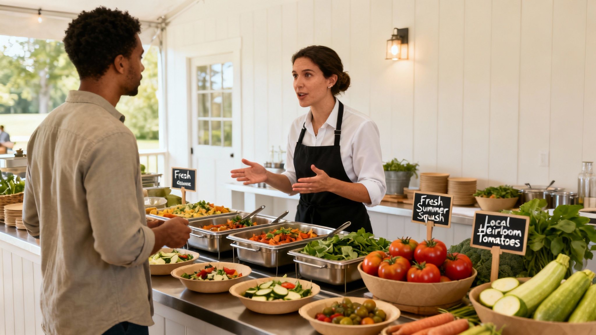 A modern food station at an Atlanta catering event, featuring fresh, local ingredients.