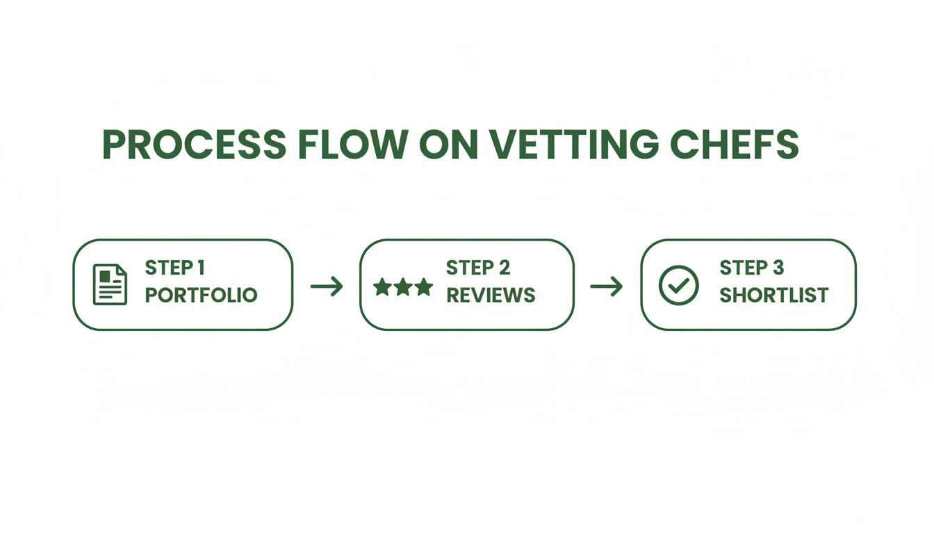 A three-step process flow for vetting chefs, including portfolio review, customer reviews, and shortlisting.