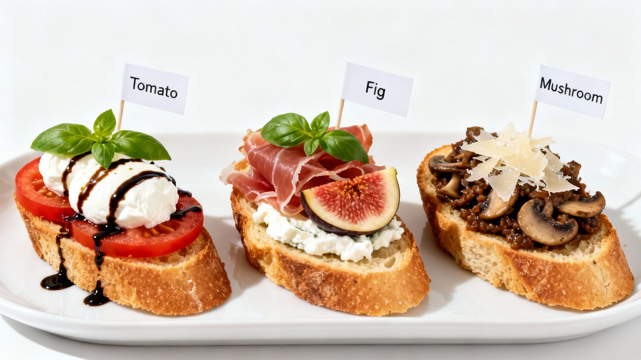 Three delicious bruschetta appetizers on a white platter, featuring tomato, fig, and mushroom toppings.