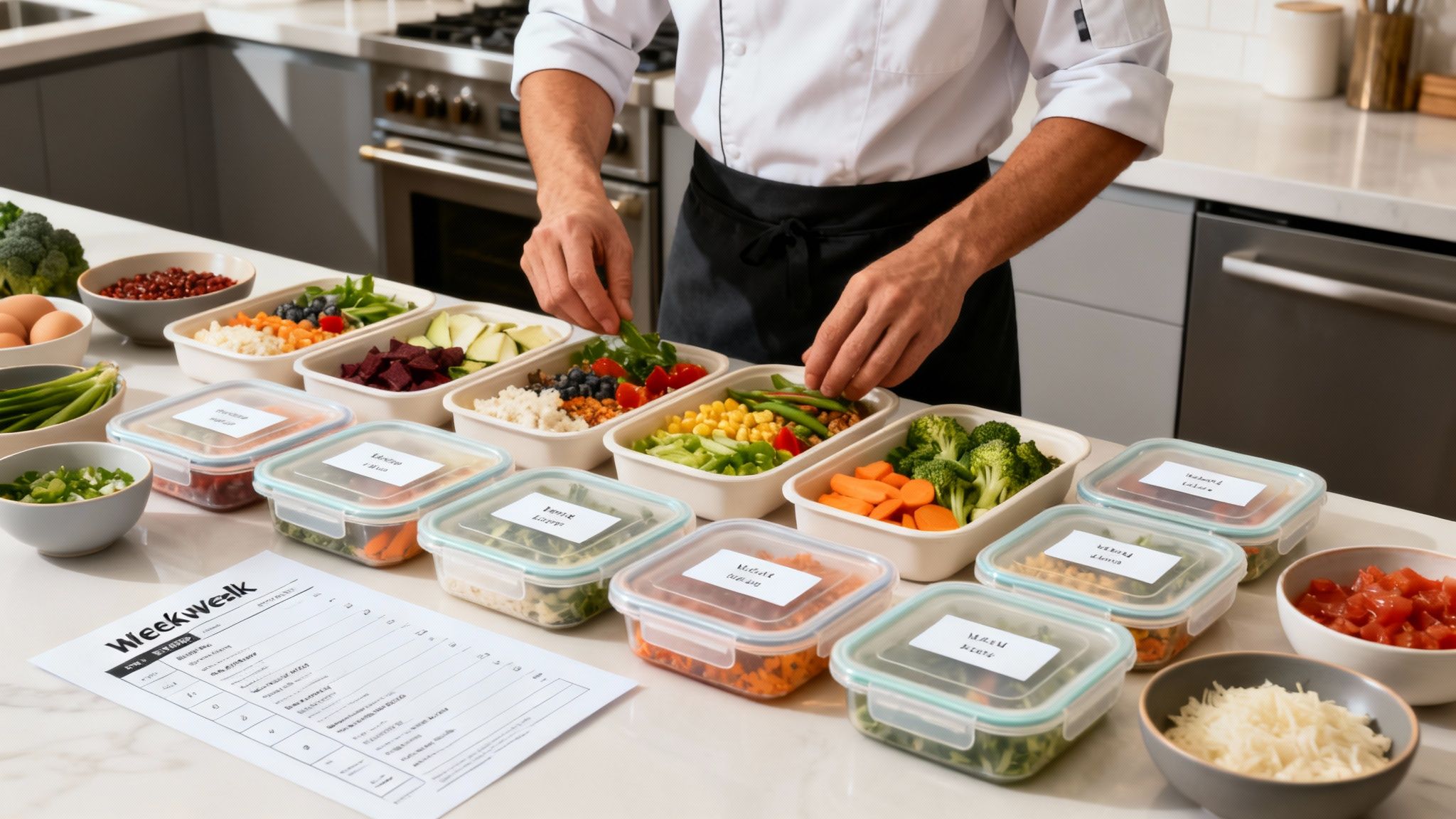 A chef prepares healthy meal prep containers filled with various fresh ingredients on a kitchen counter.