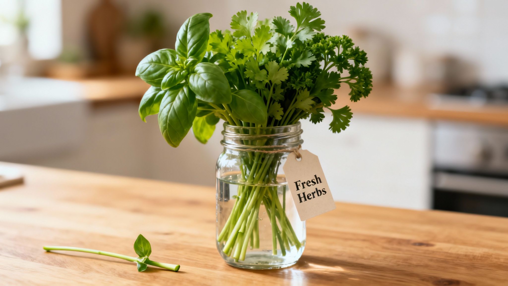 A jar of fresh basil, cilantro, and parsley herbs on a kitchen counter with a 'Fresh Herbs' tag.