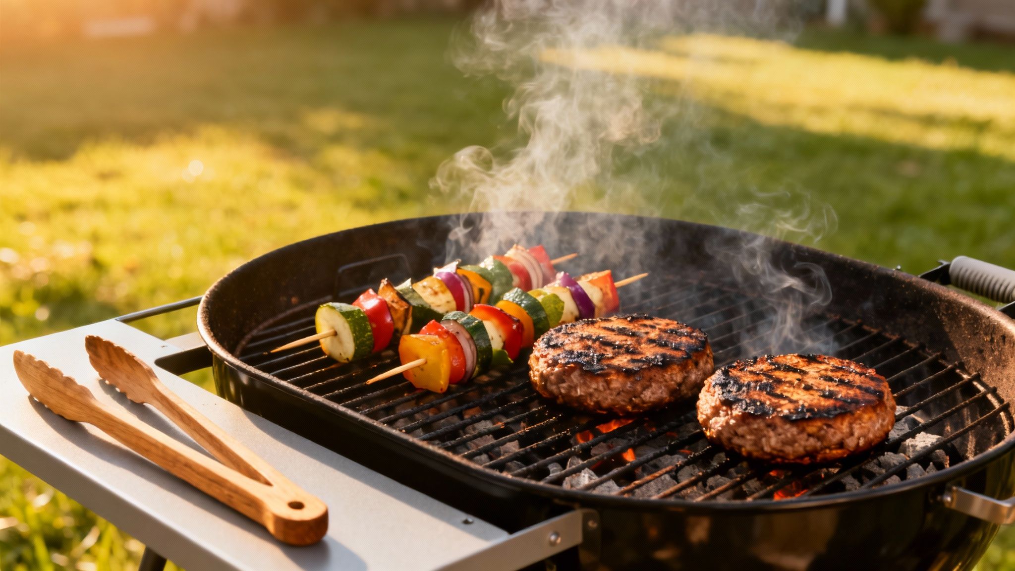Hamburgers and colorful vegetable skewers cooking on a smoking charcoal grill in a sunny backyard.