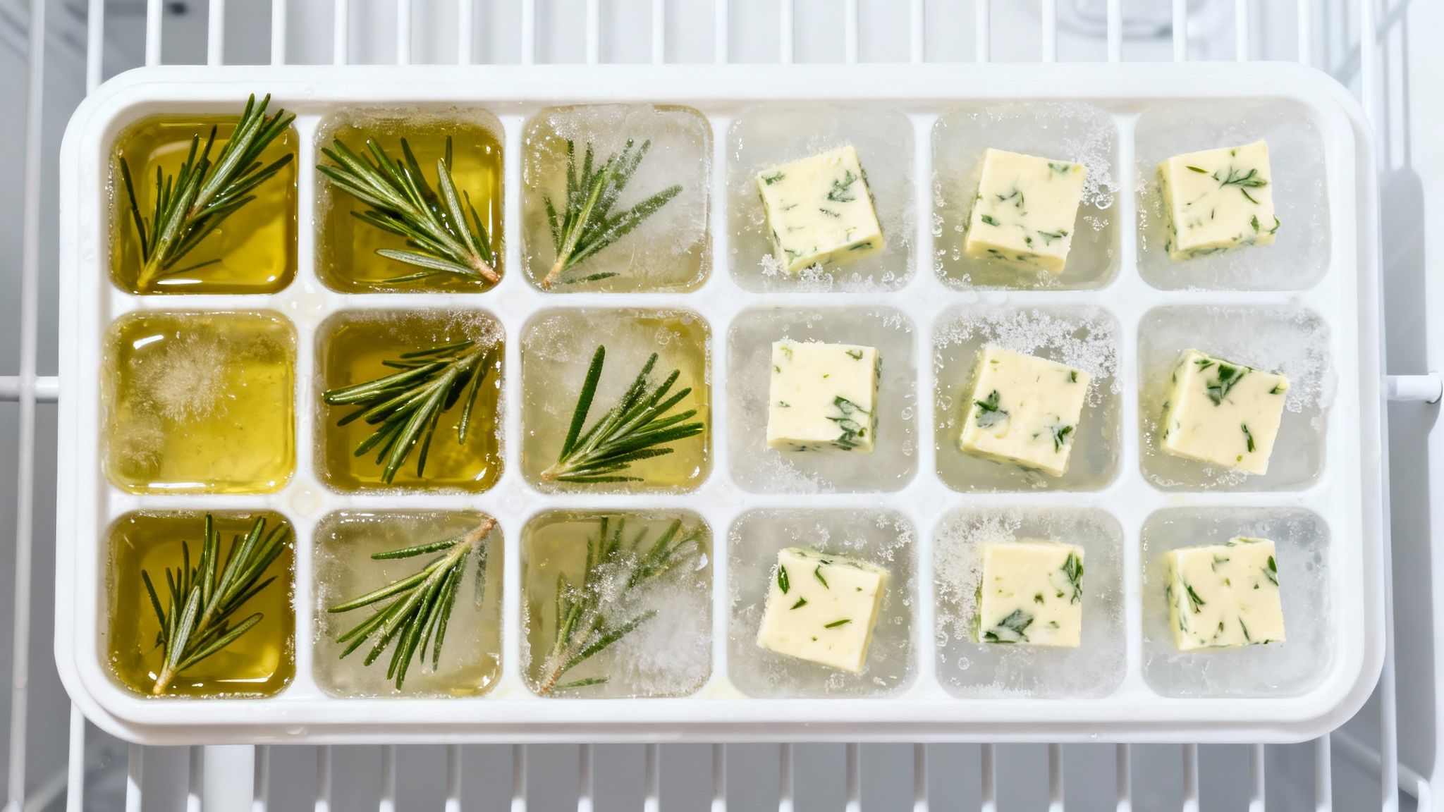 An ice cube tray with frozen rosemary in olive oil and small cubes of herb butter.