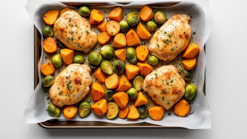 Sheet pan meal featuring roasted chicken thighs, sweet potatoes, and Brussels sprouts, showcasing a balanced mix of protein and vegetables for healthy meal prep.