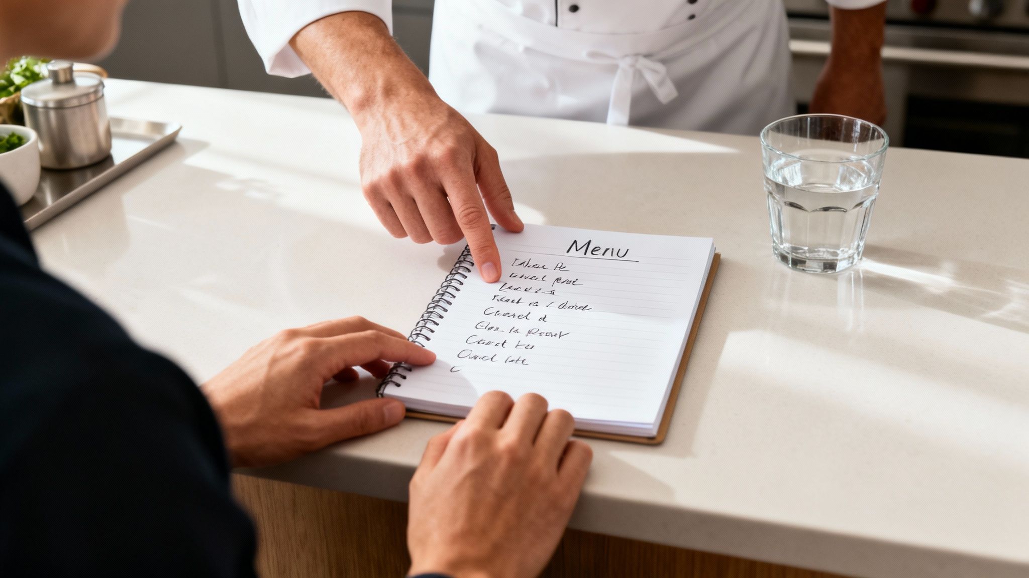 A chef's hand points to items on a handwritten menu in a notebook during a discussion.