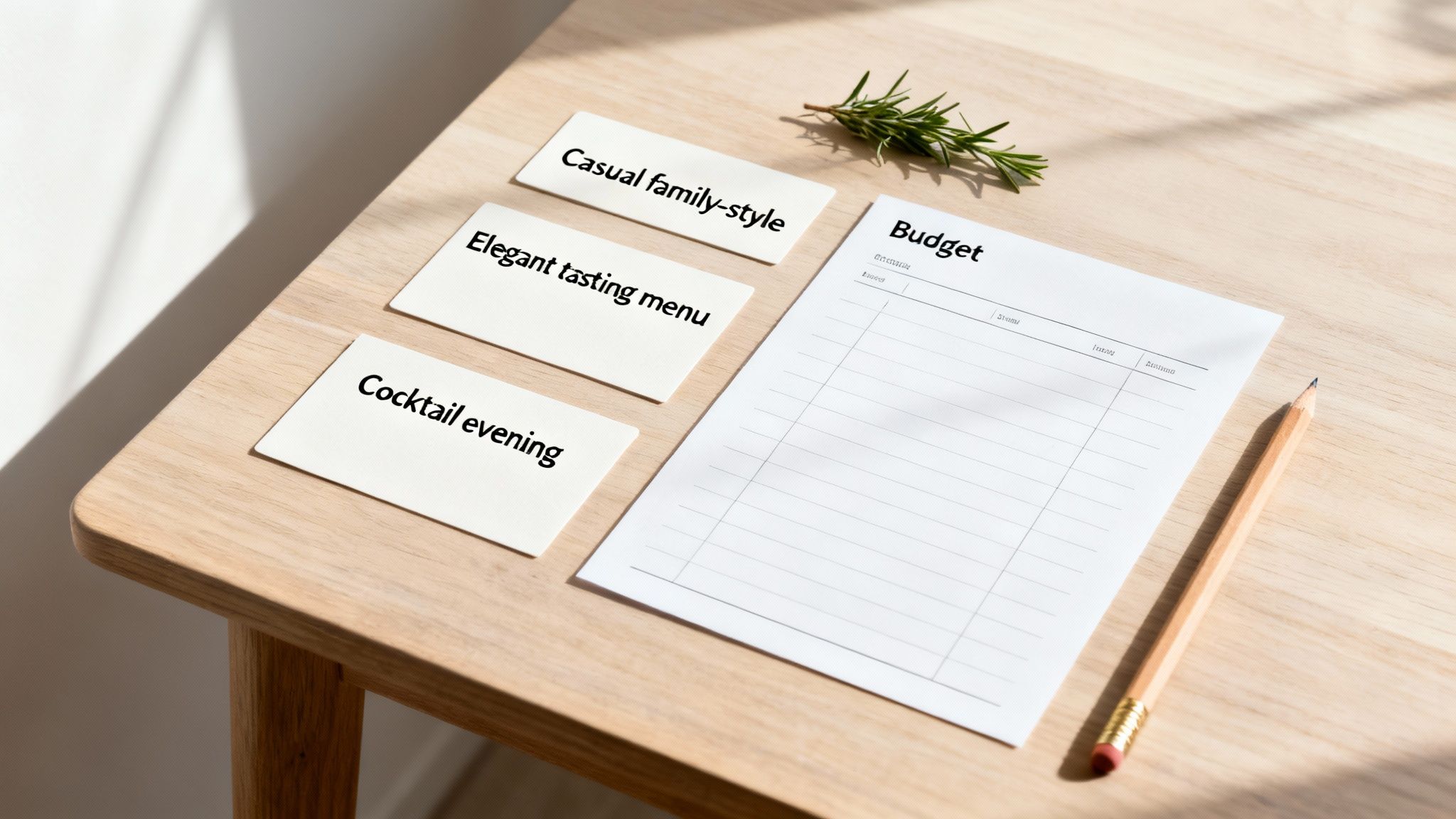 Table with event style cards, a budget sheet, rosemary, and a pencil, for dinner party planning.