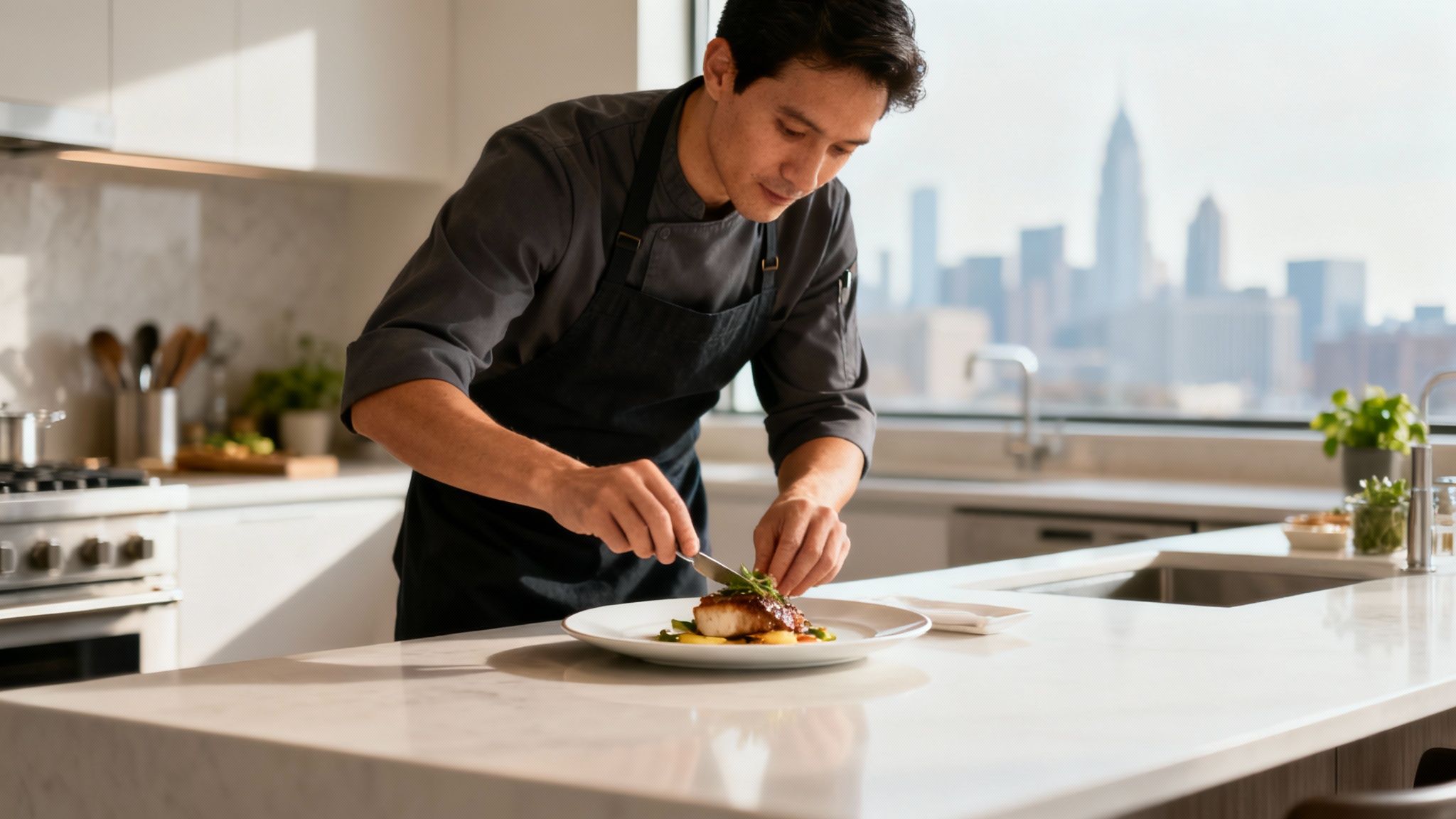 A personal chef preparing a gourmet dish in a modern home kitchen, symbolizing the luxury of Atlanta personal chef services.