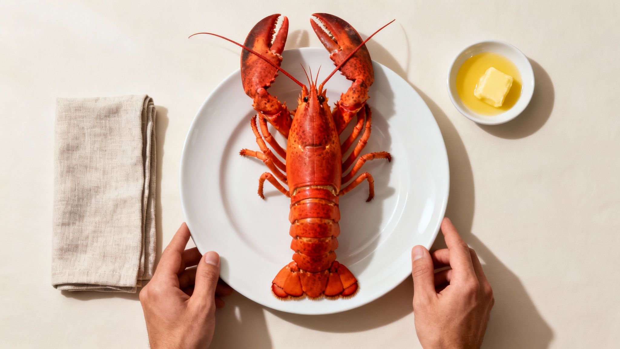 A top-down view of a cooked red lobster on a white plate, held by two hands, with a napkin and melted butter.