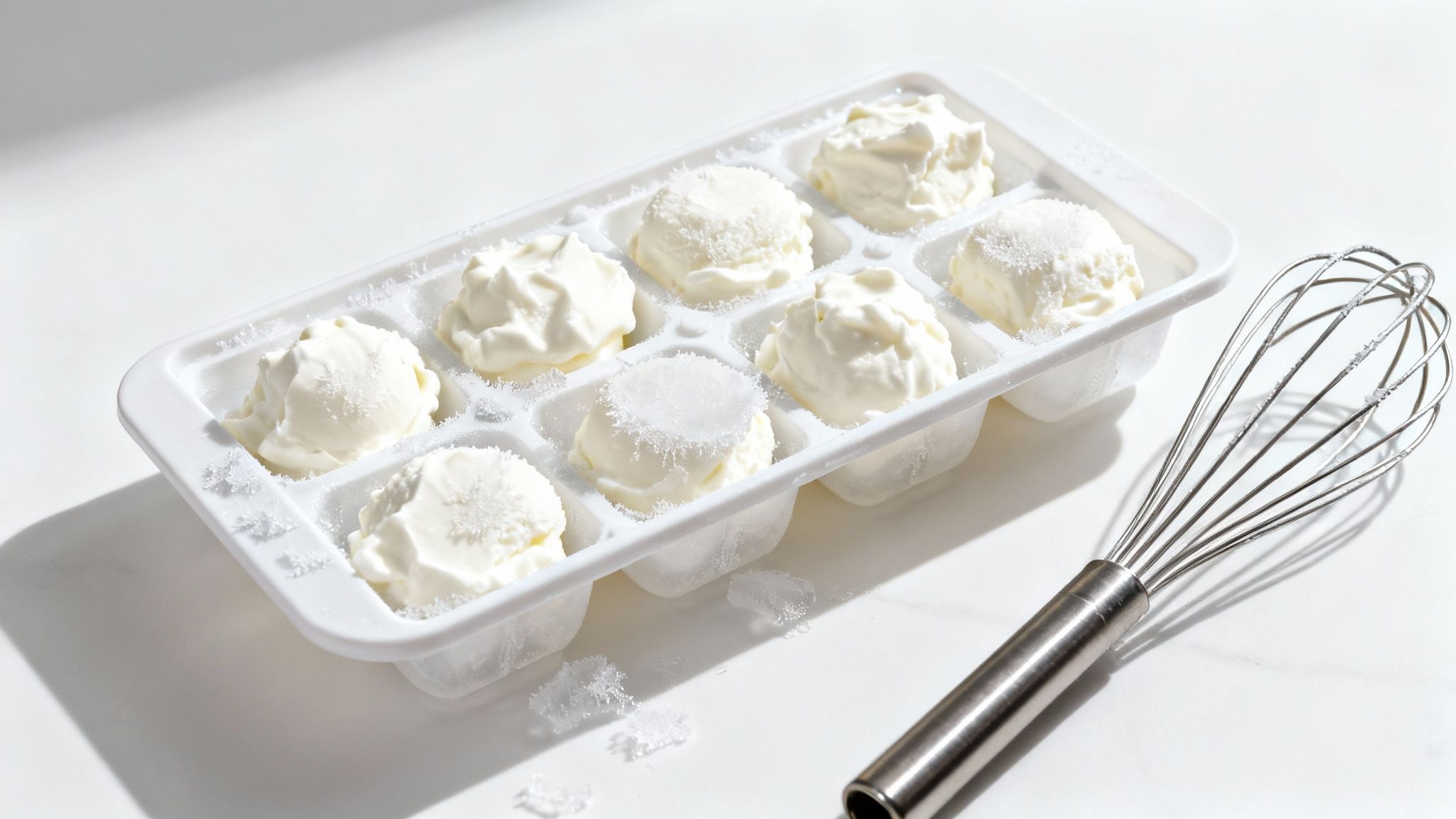 Several methods for freezing Greek yogurt, including an ice cube tray, a container, and yogurt bark on a baking sheet.