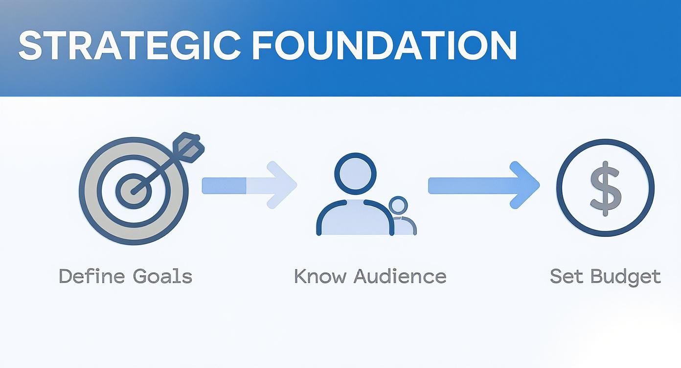 An infographic detailing strategic foundation steps: Define Goals, Know Audience, and Set Budget.