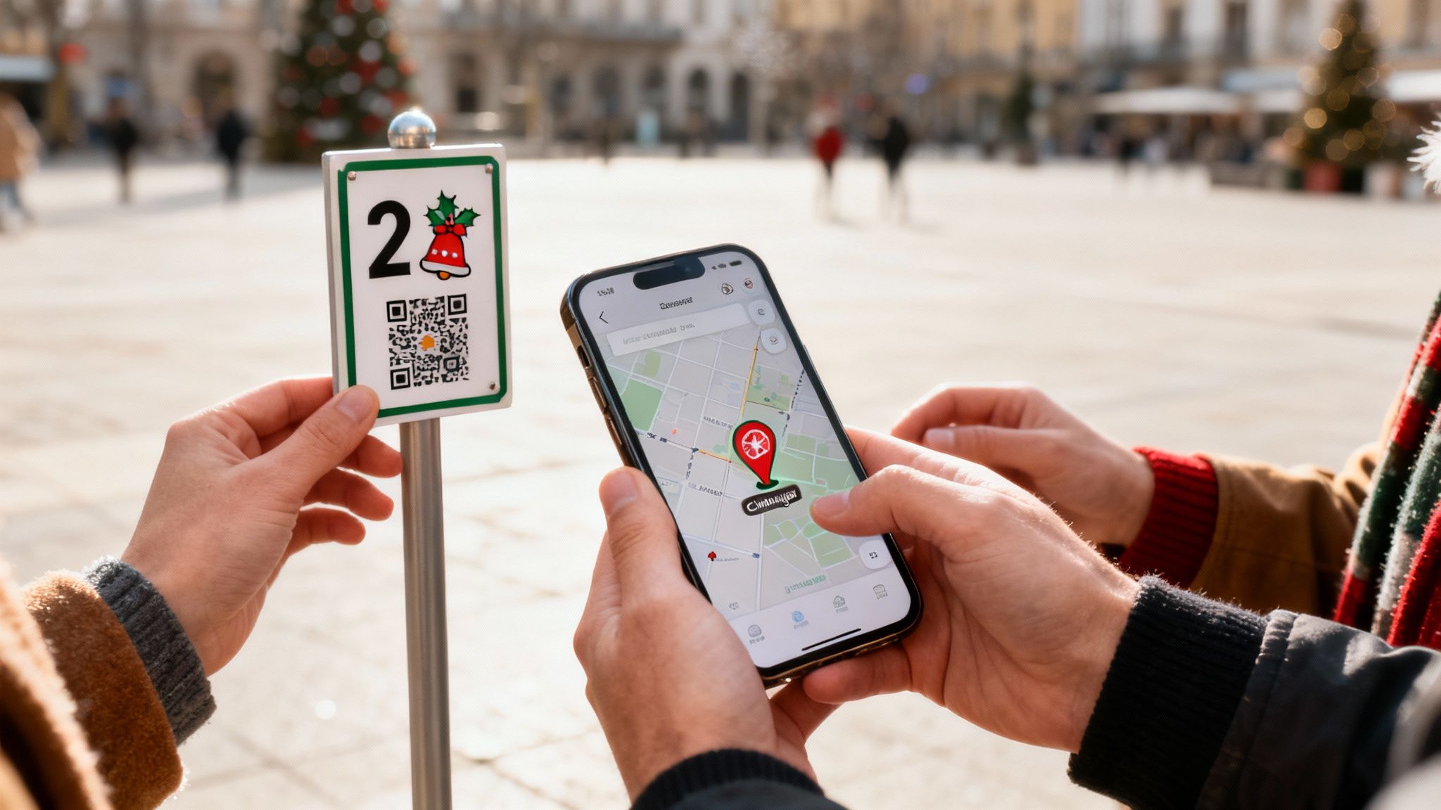 Person scanning QR code on Christmas scavenger hunt sign with smartphone showing map location