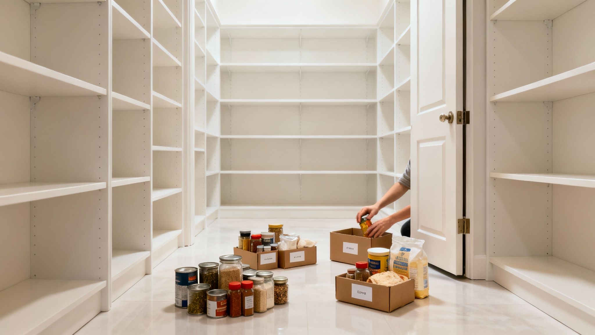 A neatly organized pantry with clear containers and labeled bins on white shelves.