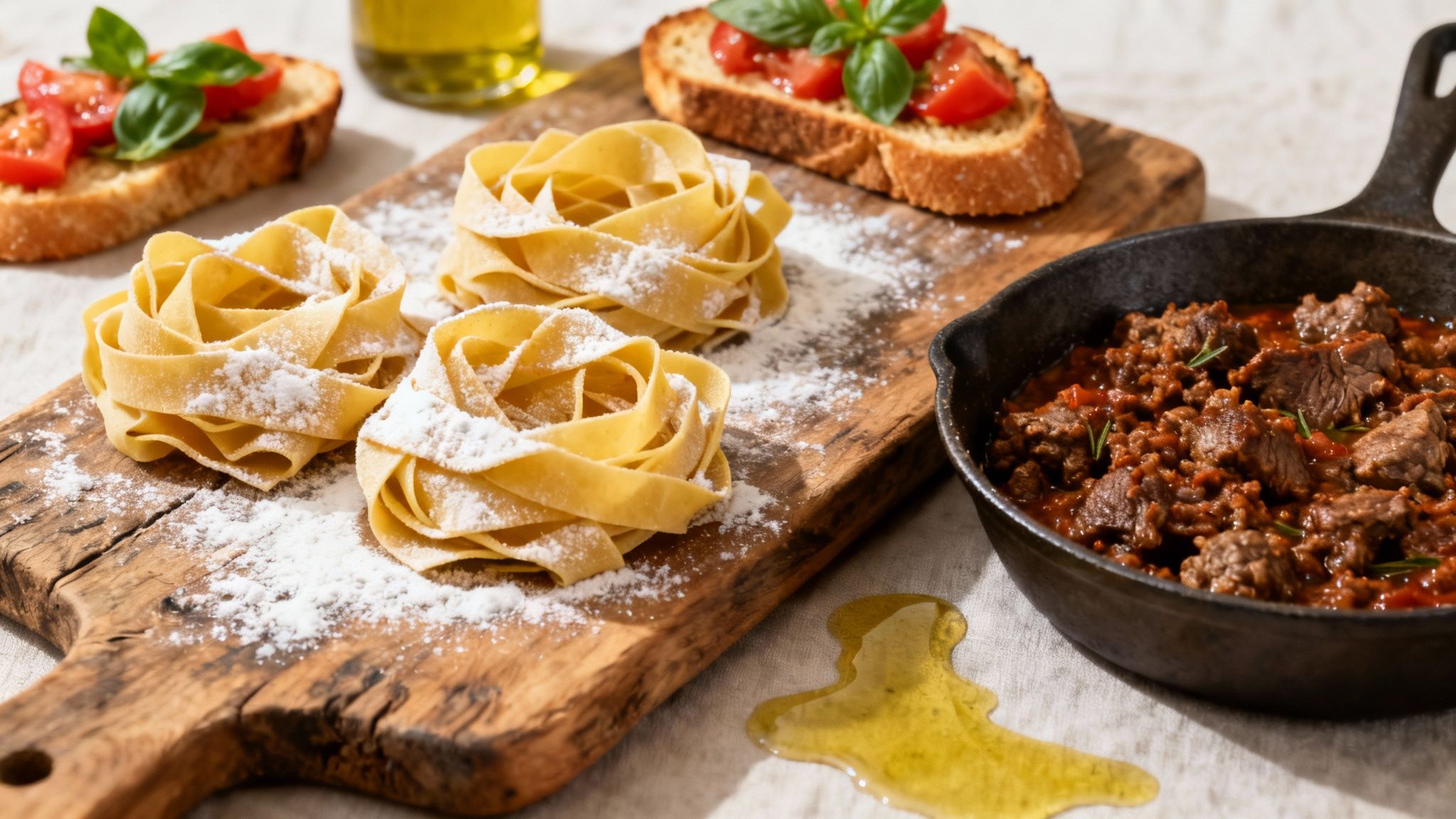 Fresh tagliatelle pasta nests, savory meat ragu, and tomato bruschetta, perfect for an Italian dinner party.