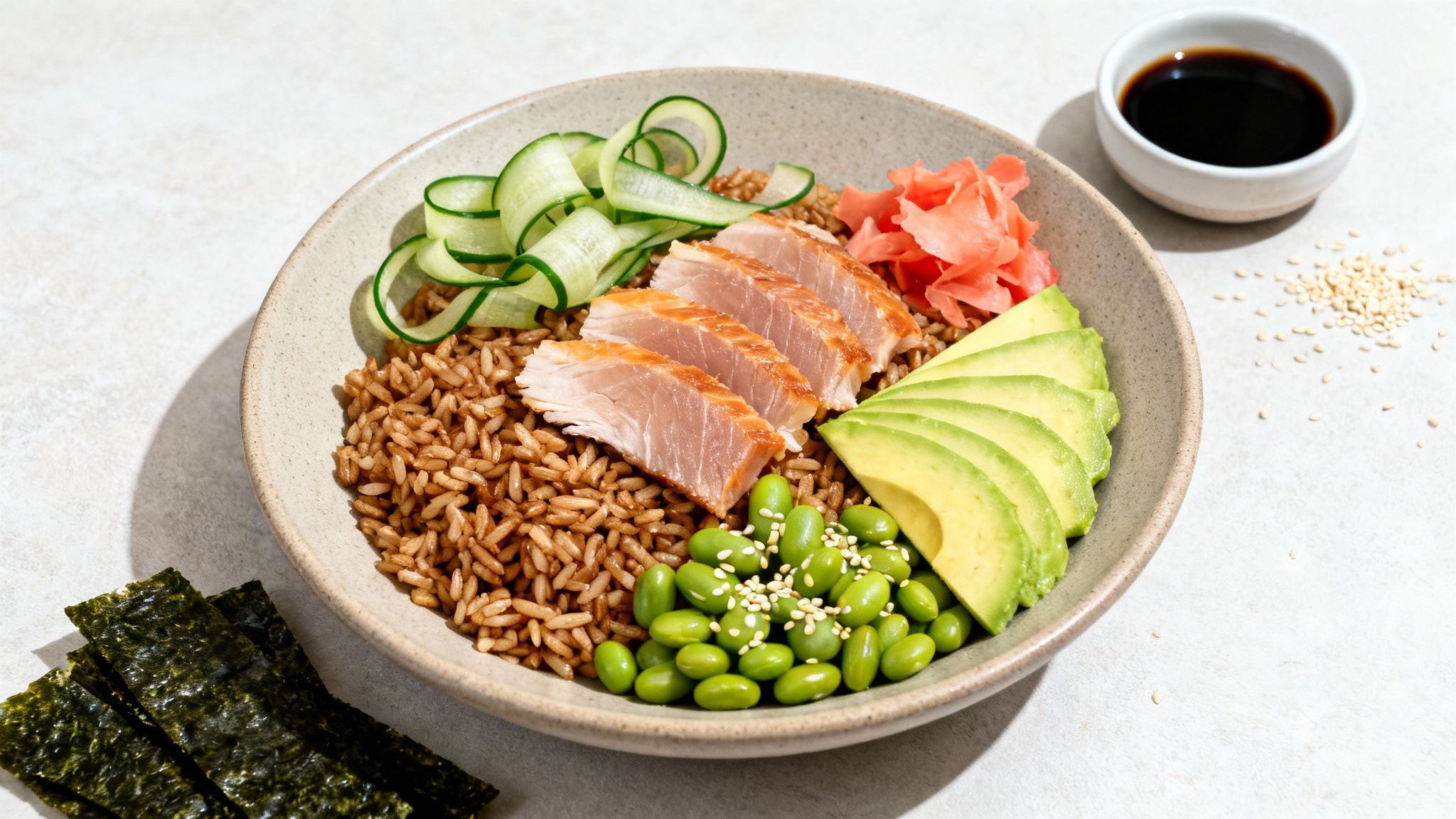 Sushi Bowl with Brown Rice, Vegetables, and Lean Fish