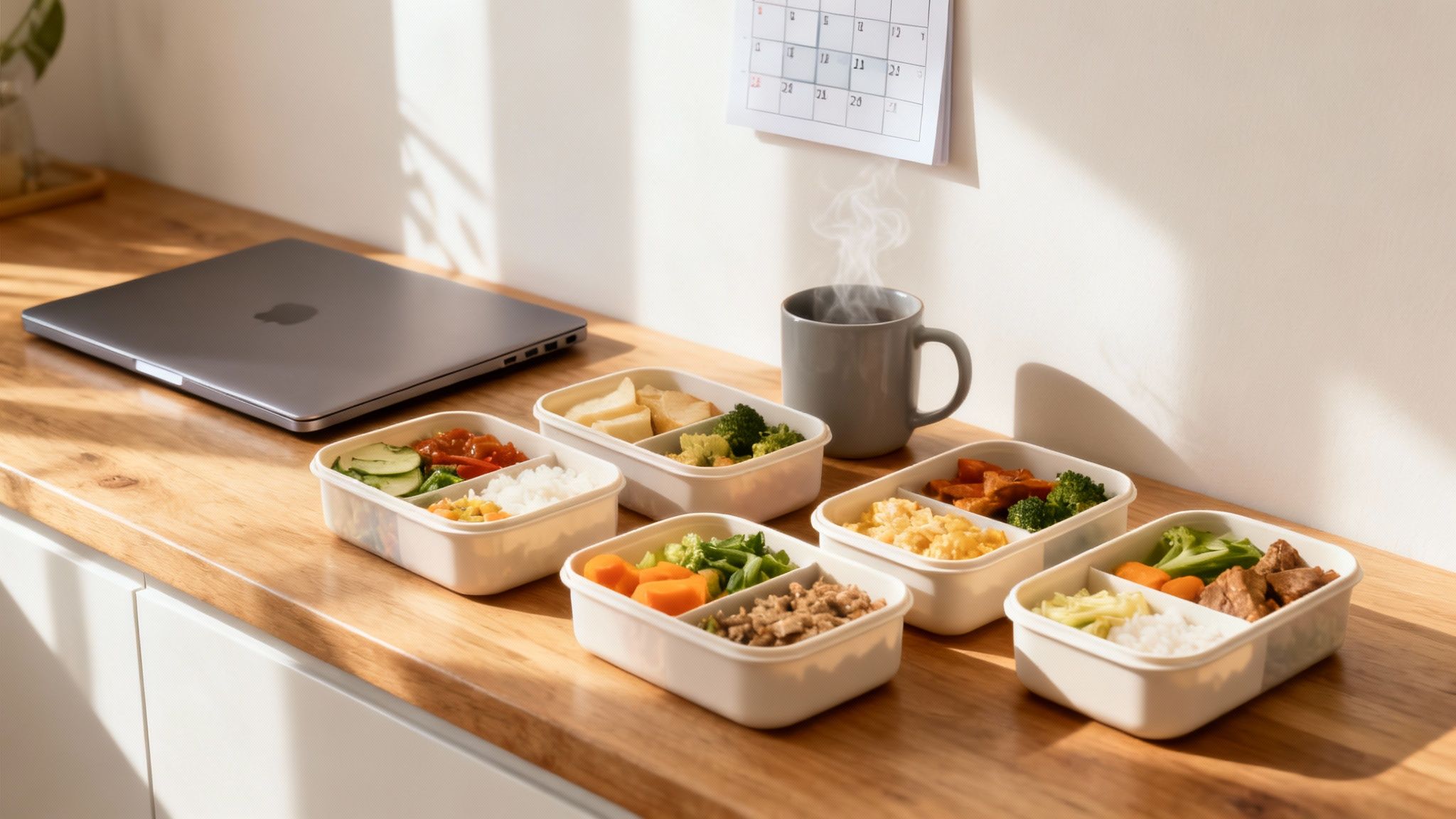 Healthy meal prep containers with various foods on a wooden desk next to a laptop and steaming mug.