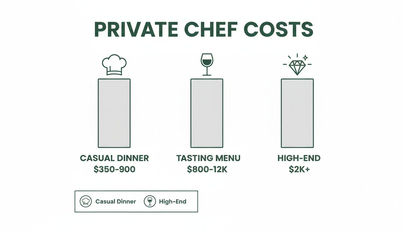 A bar chart illustrating private chef costs for casual dinner, tasting menu, and high-end experiences.